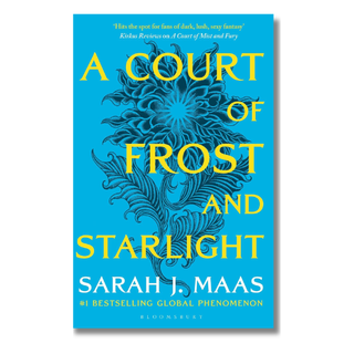 Book cover of 'A Court of Frost and Starlight' by Sarah J. Maas, featuring a bright blue background with yellow title text and a dark blue ornate central illustration.