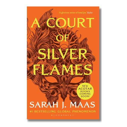 Book cover of 'A Court of Silver Flames' by Sarah J. Maas, featuring a vibrant orange background with a dark brown ornate mask illustration and bold yellow title text.