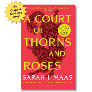 Book cover of 'A Court of Thorns and Roses' by Sarah J. Maas, featuring a bright red background, large yellow title text, a dark red dragon illustration, and a yellow burst that says 'The Original Gateway Drug!'.