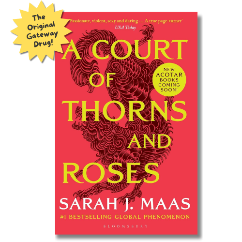 Book cover of 'A Court of Thorns and Roses' by Sarah J. Maas, featuring a bright red background, large yellow title text, a dark red dragon illustration, and a yellow burst that says 'The Original Gateway Drug!'.