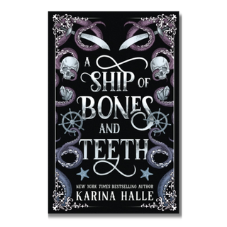 Book cover of 'A Ship of Bones and Teeth' with decorative elements and text.