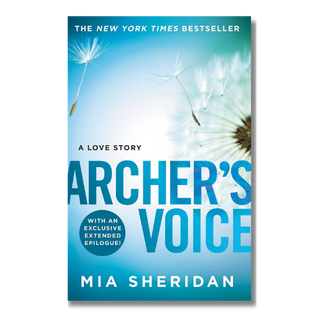 Book cover for 'Archer's Voice' by Mia Sheridan, featuring a light blue gradient background with dandelion imagery and bold blue title text.