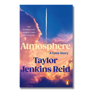 Book cover of 'Atmosphere: A Love Story' by Taylor Jenkins Reid, featuring a dramatic sky with orange and purple clouds and a white rocket trail, published by Penguin.