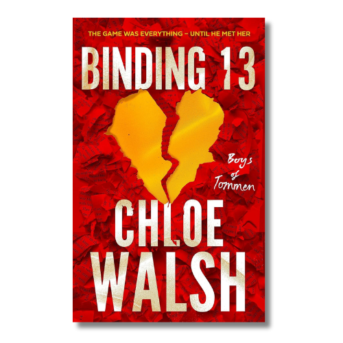 Book cover for 'Binding 13' by Chloe Walsh, featuring a textured red background with a cracked yellow heart in the center and large white title text.