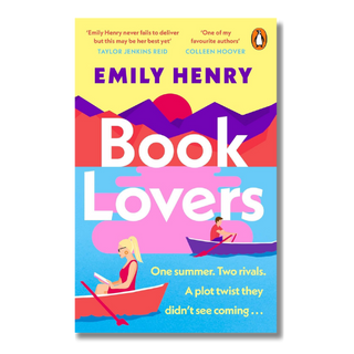 Book cover for 'Book Lovers' by Emily Henry, featuring a bright multicolor design with a yellow top section, purple and red mountain silhouettes, and a blue lower section with an illustration of two people in rowboats.