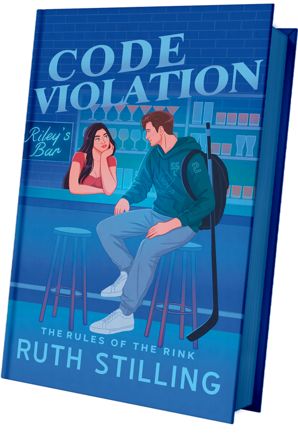 A 3D book cover mockup for the novel 'Code Violation' by Ruth Stilling. The cover features a blue brick bar background with an illustration of a man sitting on a stool holding a hockey stick and a woman looking at him.