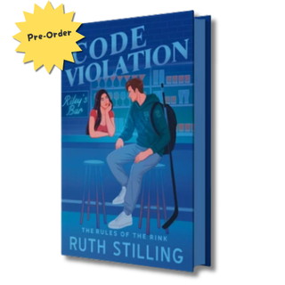book titled 'Code Violation' by Ruth Stilling, featuring a blue cover with an illustration of a man and woman at a bar, with a yellow 'Pre-Order' starburst overlay in the top left corner.