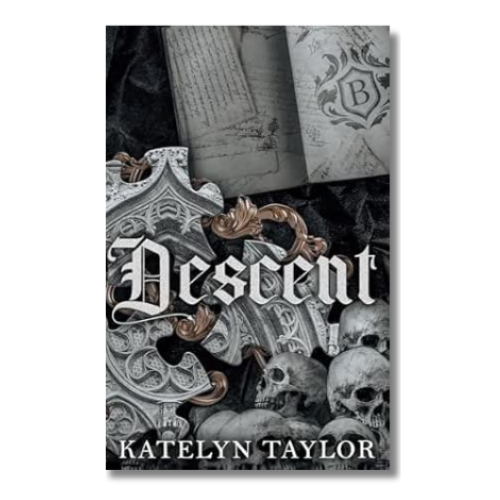 Book cover of 'Descent' by Katelyn Taylor with gothic text and skull design.