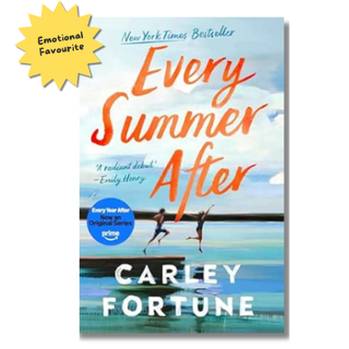 Book cover for 'Every Summer After' by Carley Fortune, featuring a bright blue sky and ocean background with two people jumping onto a dock. A yellow starburst in the top-left corner reads 'Emotional Favourite'.