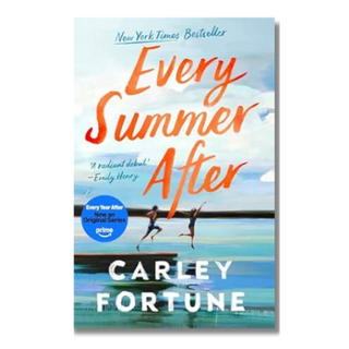 Book cover for 'Every Summer After' by Carley Fortune, featuring a light blue sky and water background with two leaping figures, large orange title text, and white author name text.
