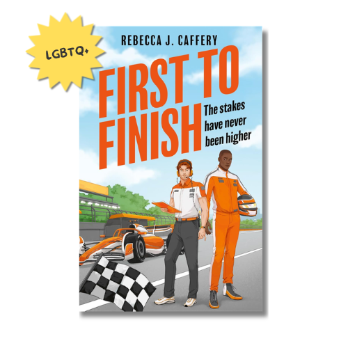 Book cover for 'First to Finish' by Rebecca J. Caffery, featuring an illustrated race track scene with two runners, an orange race car, and a checkered flag.