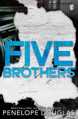Book cover of 'Five Brothers' by Penelope Douglas with a white silhouette of a family on a blue background.