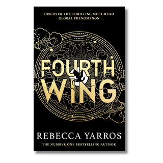 Book cover for 'Fourth Wing' by Rebecca Yarros, featuring a black background with ornate gold circular linework, gold title lettering, and white author text.