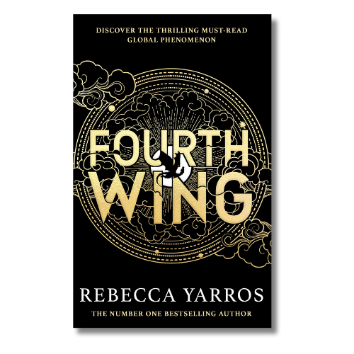 Book cover for 'Fourth Wing' by Rebecca Yarros, featuring a black background with ornate gold circular linework, gold title lettering, and white author text.