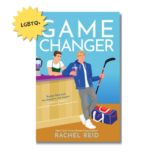 Book cover for 'Game Changer' by Rachel Reid, featuring a light blue background with an illustrated man holding a hockey stick near a counter, plus a yellow starburst sticker reading 'LGBTQ+'.