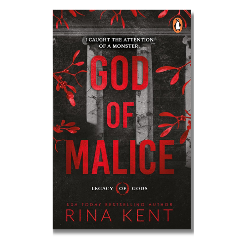 Book cover of 'God of Malice' by Rina Kent, published by Penguin. The cover features a dark, gothic design with red text and red mistletoe branches over a black and gray stone background.