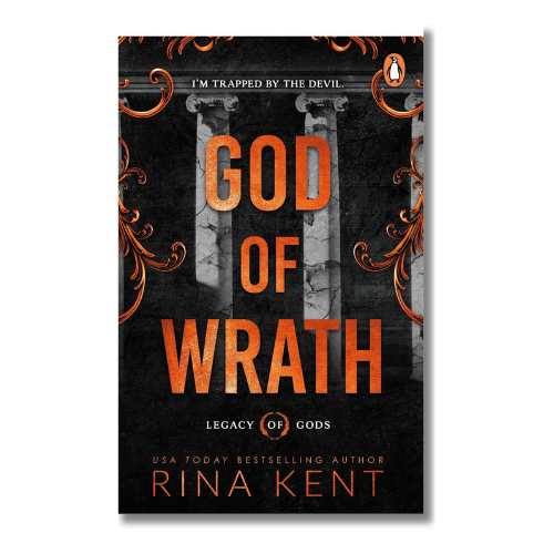 Book cover for 'God of Wrath' by Rina Kent, published by Penguin. The cover features a dark, gothic design with stone pillars, orange gothic lettering, and orange filigree accents on a black background.