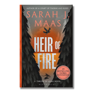 Heir of Fire book cover by Sarah J. Maas, featuring a dramatic orange and black forest scene with a bird silhouette and a pink circular badge on the lower right.