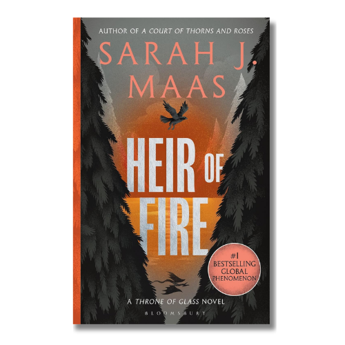 Heir of Fire book cover by Sarah J. Maas, featuring a dramatic orange and black forest scene with a bird silhouette and a pink circular badge on the lower right.