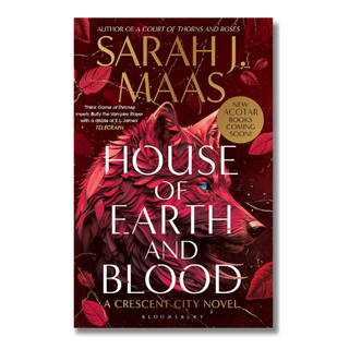 Book cover of 'House of Earth and Blood' by Sarah J. Maas, featuring a red wolf illustration on a dark red background with gold and white text.