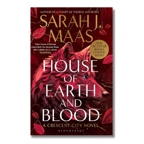 Book cover of 'House of Earth and Blood' by Sarah J. Maas, featuring a red wolf illustration on a dark red background with gold and white text.