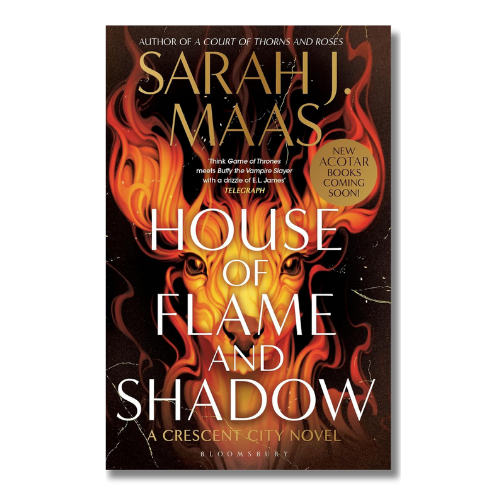 Book cover for 'House of Flame and Shadow' by Sarah J. Maas, featuring dramatic orange and yellow flames against a dark background with large white title text.