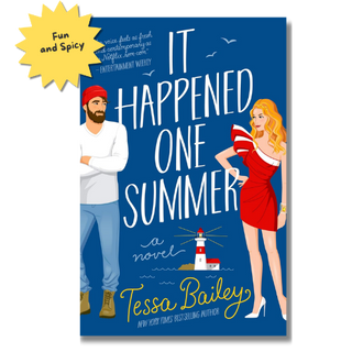 Book cover for the novel 'It Happened One Summer' by Tessa Bailey, featuring a blue background with large white title text, an illustrated man in a red cap and jeans on the left, and an illustrated woman in a red dress on the right. A yellow starburst in the top-left corner says 'Fun and Spicy'.