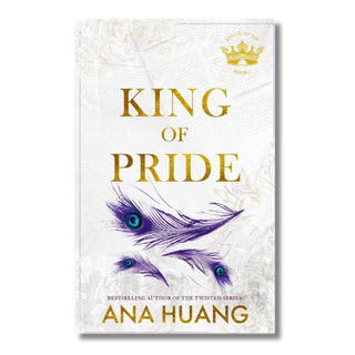 Book cover for 'King of Pride' by Ana Huang, featuring gold lettering on a textured off-white background with purple peacock feathers and a gold crown logo at the top.
