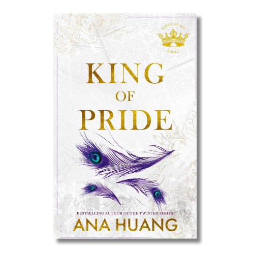 Book cover for 'King of Pride' by Ana Huang, featuring gold lettering on a textured off-white background with purple peacock feathers and a gold crown logo at the top.