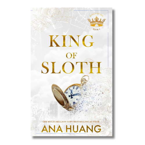 Book cover for 'King of Sloth' by Ana Huang, featuring a white and gold design with a tilted pocket watch illustration.