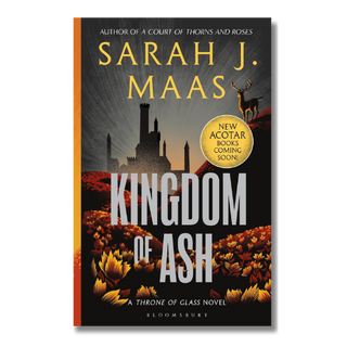 Book cover for 'Kingdom of Ash' by Sarah J. Maas, featuring a dark gothic castle silhouette, golden fields, and a deer on a hill against a smoky sky.