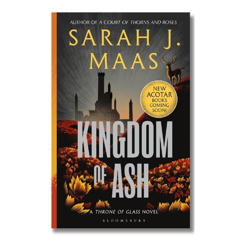 Book cover for 'Kingdom of Ash' by Sarah J. Maas, featuring a dark gothic castle silhouette, golden fields, and a deer on a hill against a smoky sky.