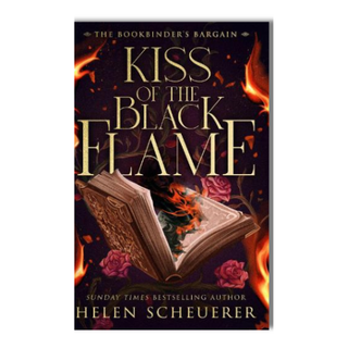Book cover for 'Kiss of the Black Flame' by Helen Scheuerer, featuring a dark purple background with flames, an open book, and roses. The title is written in large gold letters.
