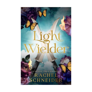 Book cover of 'Light Wielder' with a sword, flowers, and butterflies on a blue background.