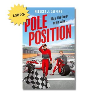 Book cover for 'Pole Position' by Rebecca J. Caffery, featuring a race track scene with two racers, race cars, and a checkered flag.