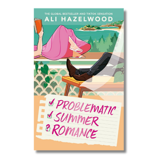 Book cover for 'Problematic Summer Romance' by Ali Hazelwood, featuring an illustrated scene of a woman in a pink dress reading on a beach while another person relaxes with their feet propped up. The title is written on a lined paper graphic at the bottom.