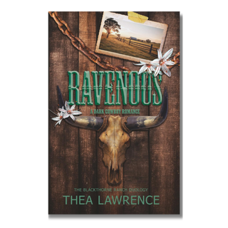 Book cover of 'Ravendous' by Thea Lawrence with a rustic design featuring a bull skull and wooden texture.
