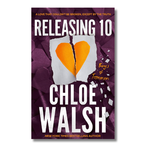 Book cover for 'Releasing 10: Bags of Tommen' by Chloe Walsh, featuring a dark purple background with a torn white paper heart revealing an orange center, and large white title and author text.