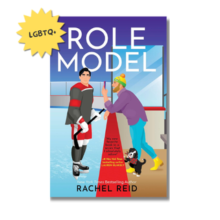 Book cover for 'Role Model' by Rachel Reid, featuring an illustrated scene of two people on an ice rink with a red carpet and a small dog. A yellow starburst sticker in the top-left corner reads 'LGBTQ+'.