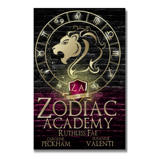 Book cover of 'Zodiac Academy: Ruthless Fae' with zodiac symbols and a lion emblem.