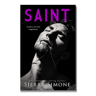 Book cover for 'Saint' by Sierra Simone, featuring a dramatic black-and-white portrait of a man with closed eyes and a cross on his lips against a black background, with the title 'SAINT' in large purple letters at the top.
