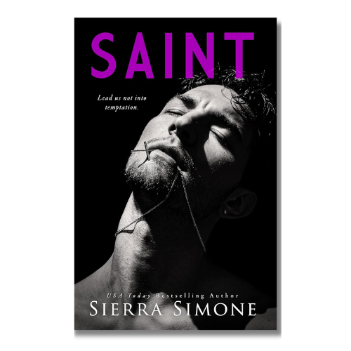 Book cover for 'Saint' by Sierra Simone, featuring a dramatic black-and-white portrait of a man with closed eyes and a cross on his lips against a black background, with the title 'SAINT' in large purple letters at the top.