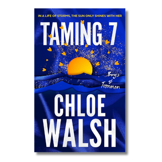 Book cover for 'Taming 7' by Chloe Walsh, featuring a deep blue background with a yellow sun, gold heart-shaped silhouettes, and bold white title and author text.