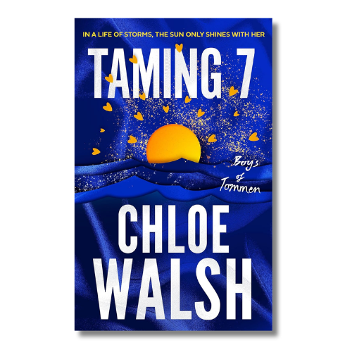 Book cover for 'Taming 7' by Chloe Walsh, featuring a deep blue background with a yellow sun, gold heart-shaped silhouettes, and bold white title and author text.
