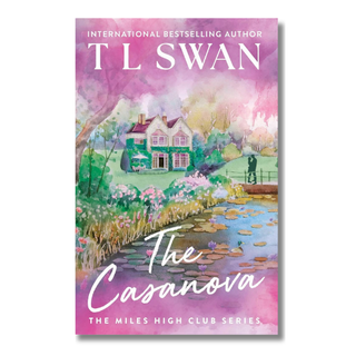 Book cover for 'The Casanova' by T L Swan, featuring a watercolor illustration of a country house, flowers, and a pond with pink and purple tones.