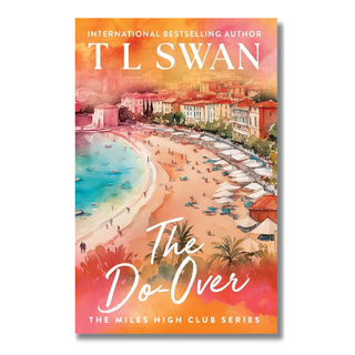 Book cover for 'The Do-Over' by T L Swan, featuring a colorful watercolor illustration of a beach town with turquoise water, sandy shorelines, and warm orange-pink sky tones.