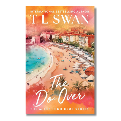 Book cover for 'The Do-Over' by T L Swan, featuring a colorful watercolor illustration of a beach town with turquoise water, sandy shorelines, and warm orange-pink sky tones.