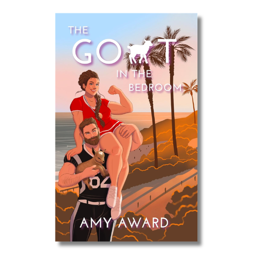 Book cover for 'The Goat in the Bedroom' by Amy Award, featuring an illustrated beach scene with a man carrying a goat over his shoulder while a woman in a red outfit sits on his shoulders, with palm trees and ocean in the background.