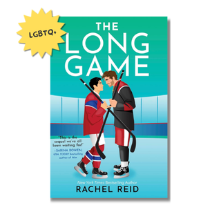 Book cover for 'The Long Game' by Rachel Reid, featuring two illustrated hockey players on a teal and blue background, with a yellow starburst sticker reading 'LGBTQ+' in the top-left corner.