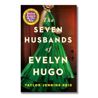 Book cover for 'The Seven Husbands of Evelyn Hugo' by Taylor Jenkins Reid, featuring a woman in a bright green dress against a warm red-brown background, with a yellow 'Daisy Jones & The Six' badge in the top left.